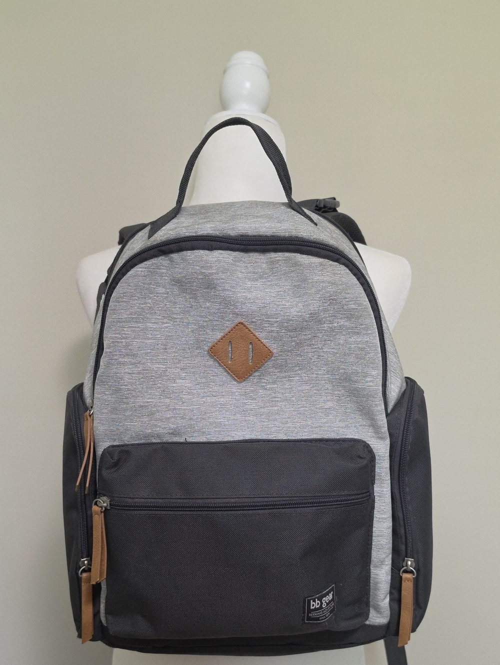 BB Gear Gray & Black Diaper Bag Backpack - 9 Pockets, Great Condition